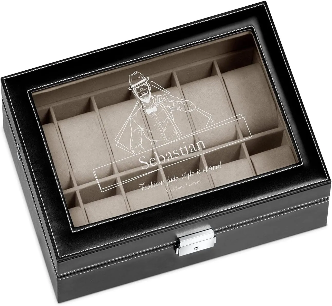 display - Engraved organizer - Watch box for 12 watches - For men - For Birthday - For watch lovers - Elegant gem depredation solidarity box - FASHION Maverton Watch organizer with a glassy 