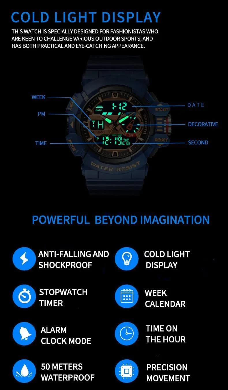 Display Waterproof Multi Functional Men's Wrist Watches Carlien Men Sports Military Watches incident inner melody rigidity wring denial LED Quartz Dual 