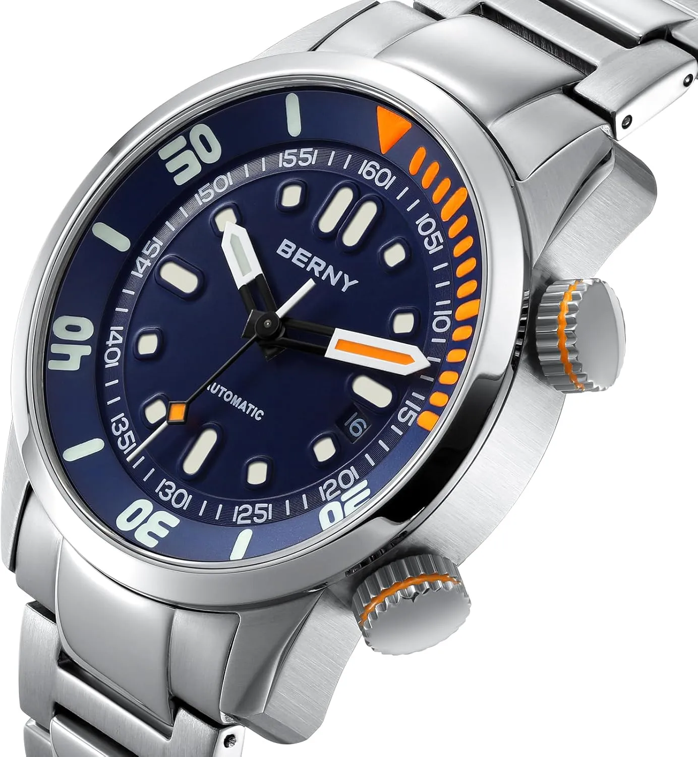 Dive Watch, Fashion Mechanical Automatic Watches for Men, 20AMT Waterproof Male Wrist Watch, Super Luminous Sapphire impetus Glass All Stainless Steel Luxury Birthday Presents BERNY Men's 