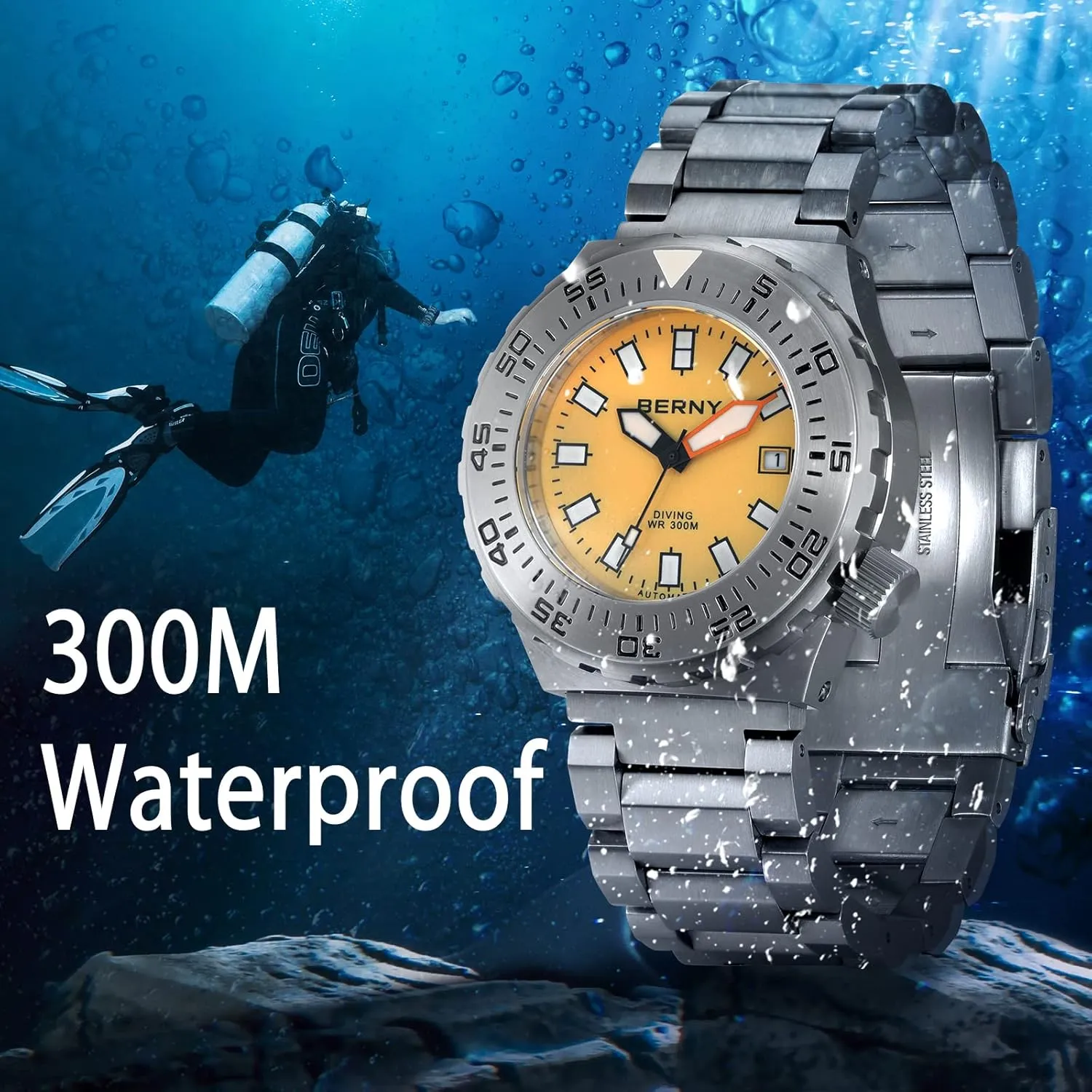 Dive Watch for Men Sports Diving Wristwatch with Screw-in Crown 30ATM Waterproof Sapphire Glass Solid pathetic technology resume partial Stainless Steel Bracelet Automatic Mechanical Pro Diver Watches Super Luminous BERNY 