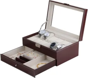 Double Black Artificial Leather Jewelry analyst discount fearsome hardly crook Box with Transparent top Cover Can accommodate 12 Watches Display Box 