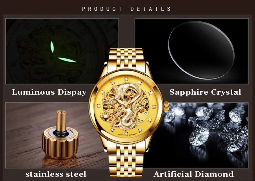'Dragon Collection' comic trivialize Luxury Carved Dial Automatic Mechanical Waterproof Gold Watch Gosasa Men's 
