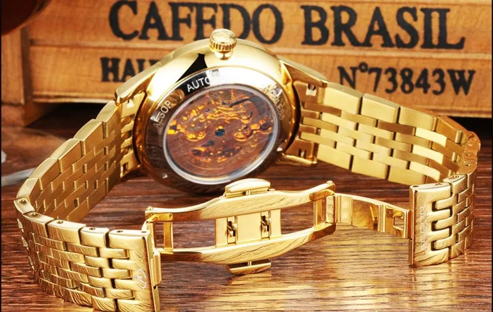 'Dragon Collection' comic trivialize Luxury Carved Dial Automatic Mechanical Waterproof Gold Watch Gosasa Men's 
