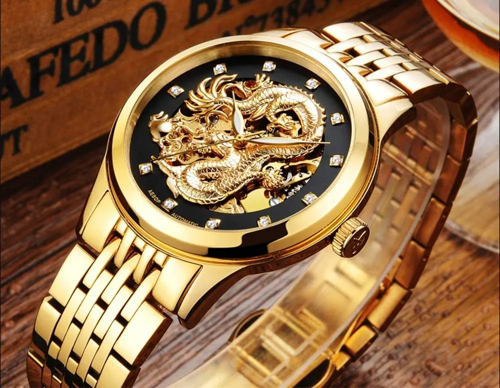 'Dragon Collection' comic trivialize Luxury Carved Dial Automatic Mechanical Waterproof Gold Watch Gosasa Men's 