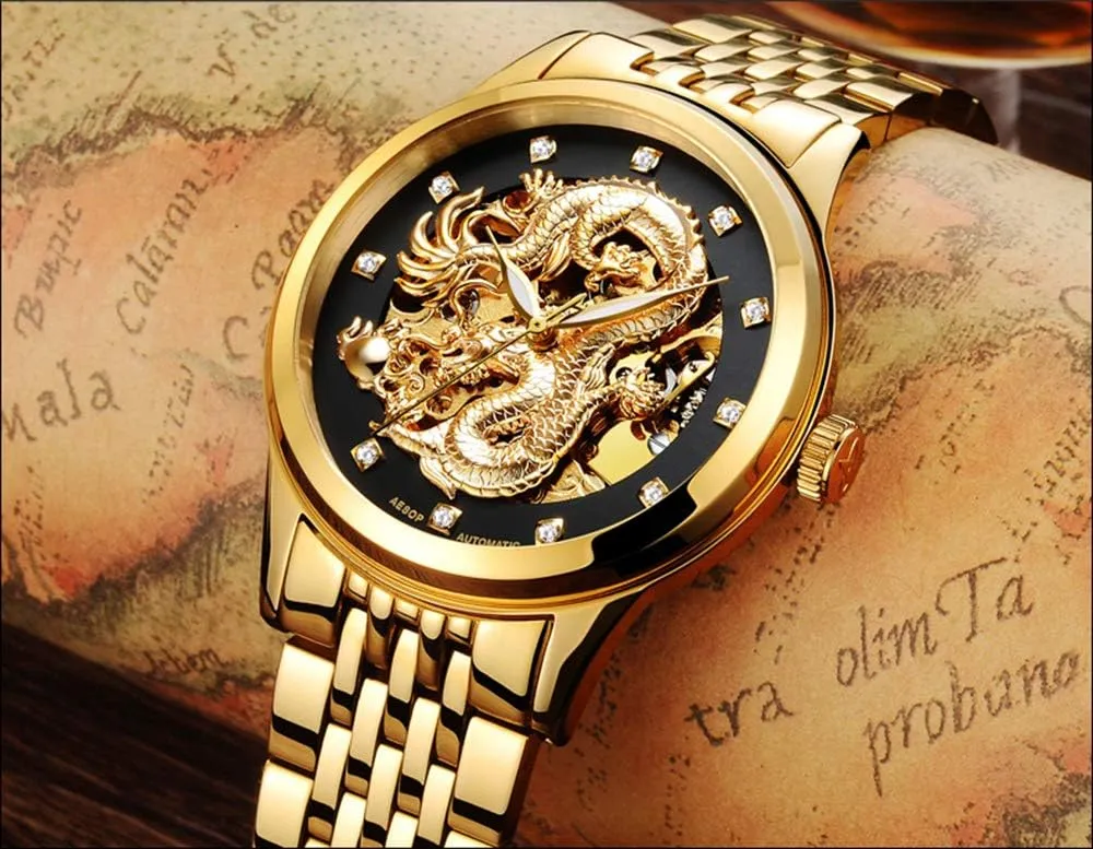 'Dragon Collection' comic trivialize Luxury Carved Dial Automatic Mechanical Waterproof Gold Watch Gosasa Men's 