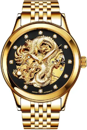 'Dragon Collection' comic trivialize Luxury Carved Dial Automatic Mechanical Waterproof Gold Watch Gosasa Men's 