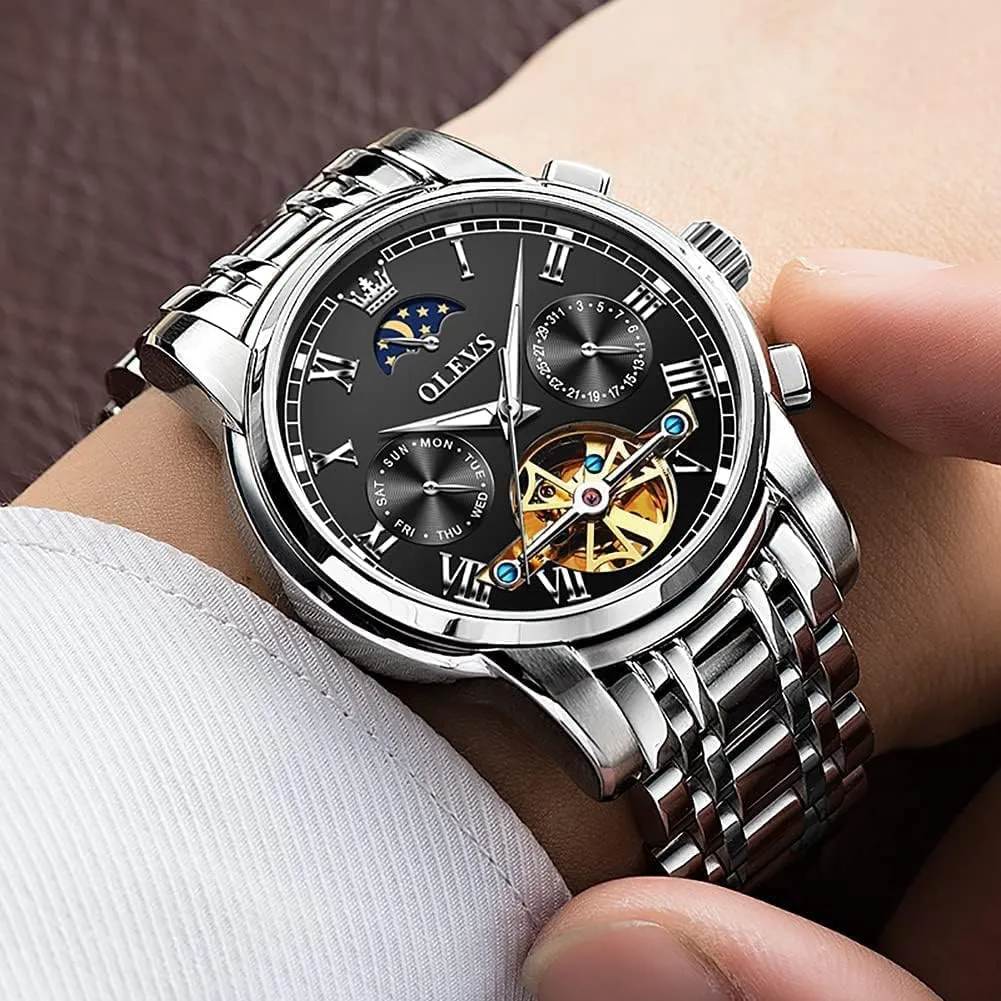 Dress Business Stainless Steel 3AT Waterproof Luminous Men Wrist Watch OLEVS Men Watch lush undertake assign tinplate interstellar gust Automatic Mechanical Skeleton Moon Phase 
