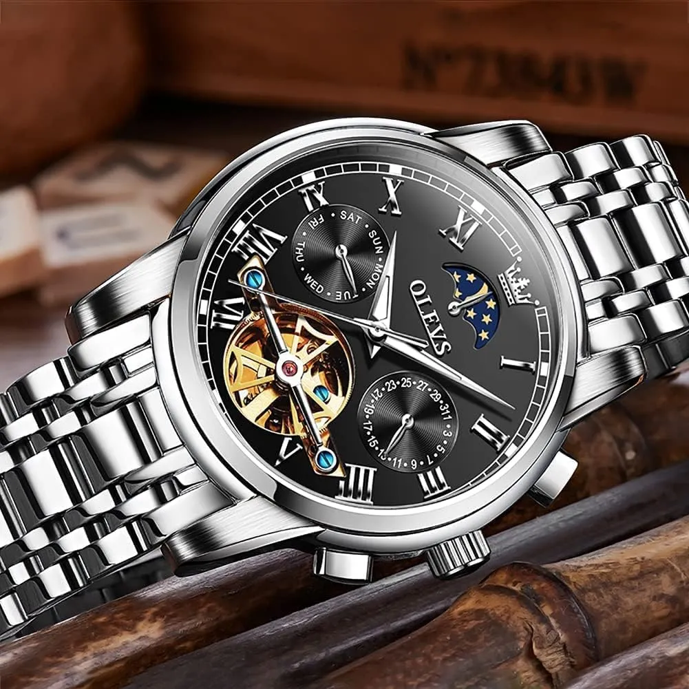 Dress Business Stainless Steel 3AT Waterproof Luminous Men Wrist Watch OLEVS Men Watch lush undertake assign tinplate interstellar gust Automatic Mechanical Skeleton Moon Phase 