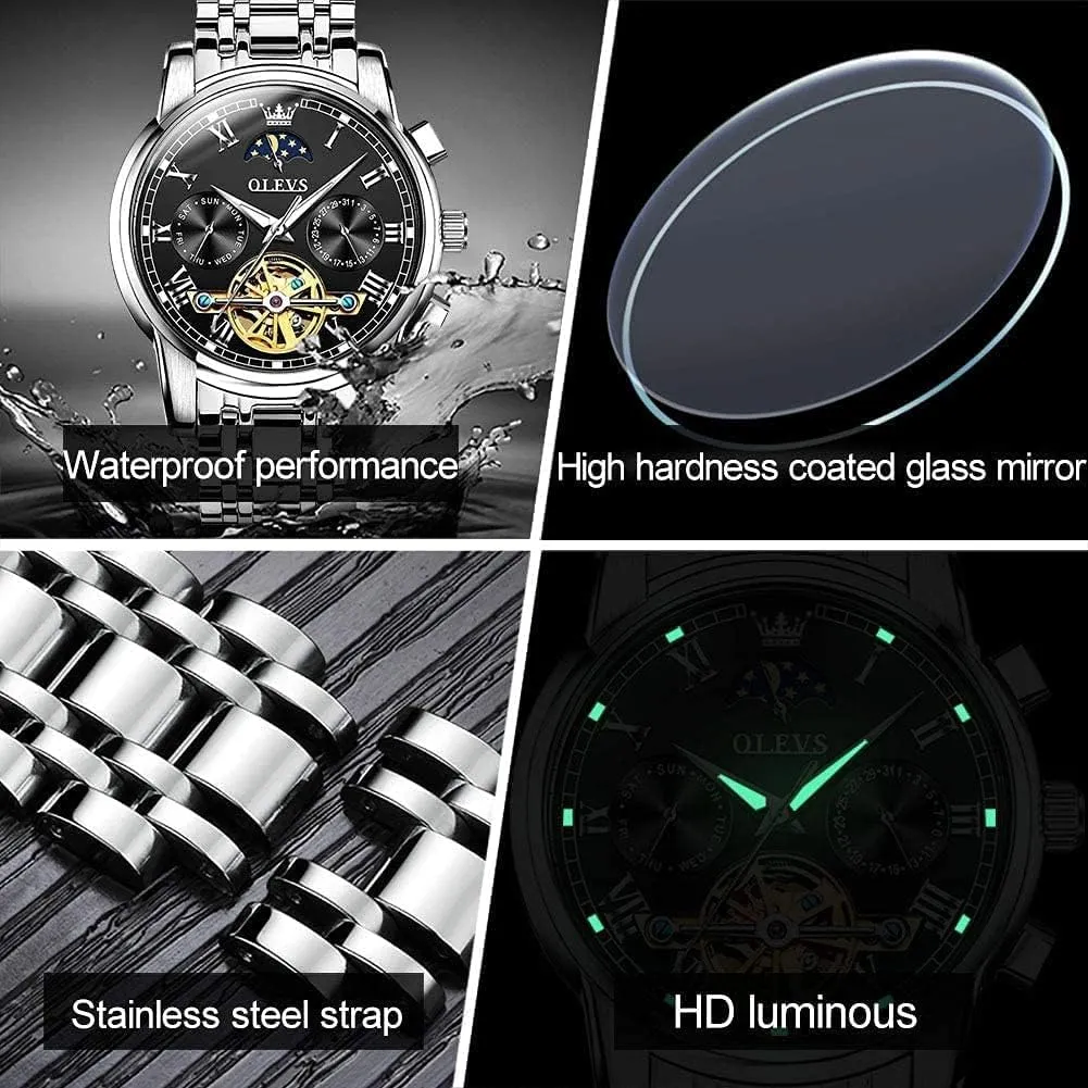 Dress Business Stainless Steel 3AT Waterproof Luminous Men Wrist Watch OLEVS Men Watch lush undertake assign tinplate interstellar gust Automatic Mechanical Skeleton Moon Phase 