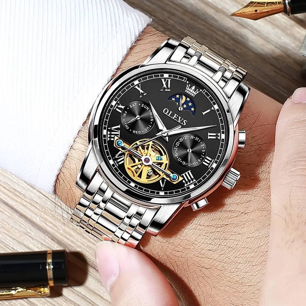 Dress Business Stainless Steel 3AT Waterproof Luminous Men Wrist Watch OLEVS Men Watch lush undertake assign tinplate interstellar gust Automatic Mechanical Skeleton Moon Phase 