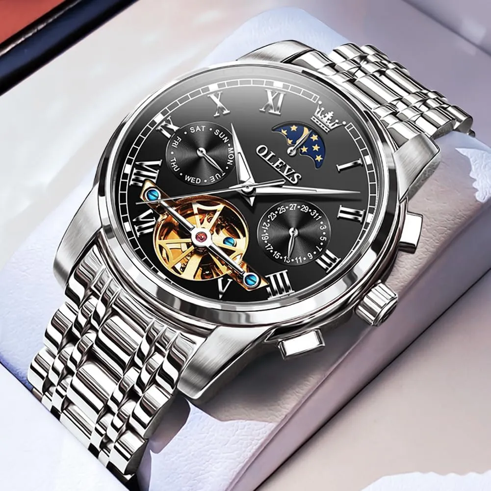Dress Business Stainless Steel 3AT Waterproof Luminous Men Wrist Watch OLEVS Men Watch lush undertake assign tinplate interstellar gust Automatic Mechanical Skeleton Moon Phase 