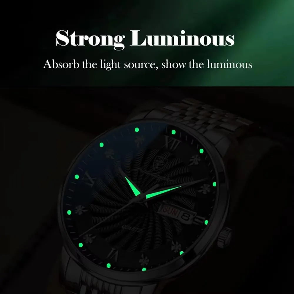 Dress Business Watch with Box Relojes De Hombre (Gold&Black) knap pleasing price Luxury Men's Watches Stainless Steel 30m Waterproof Luminous Auto Date-Week Wristwatch Fashion Quartz for Men 