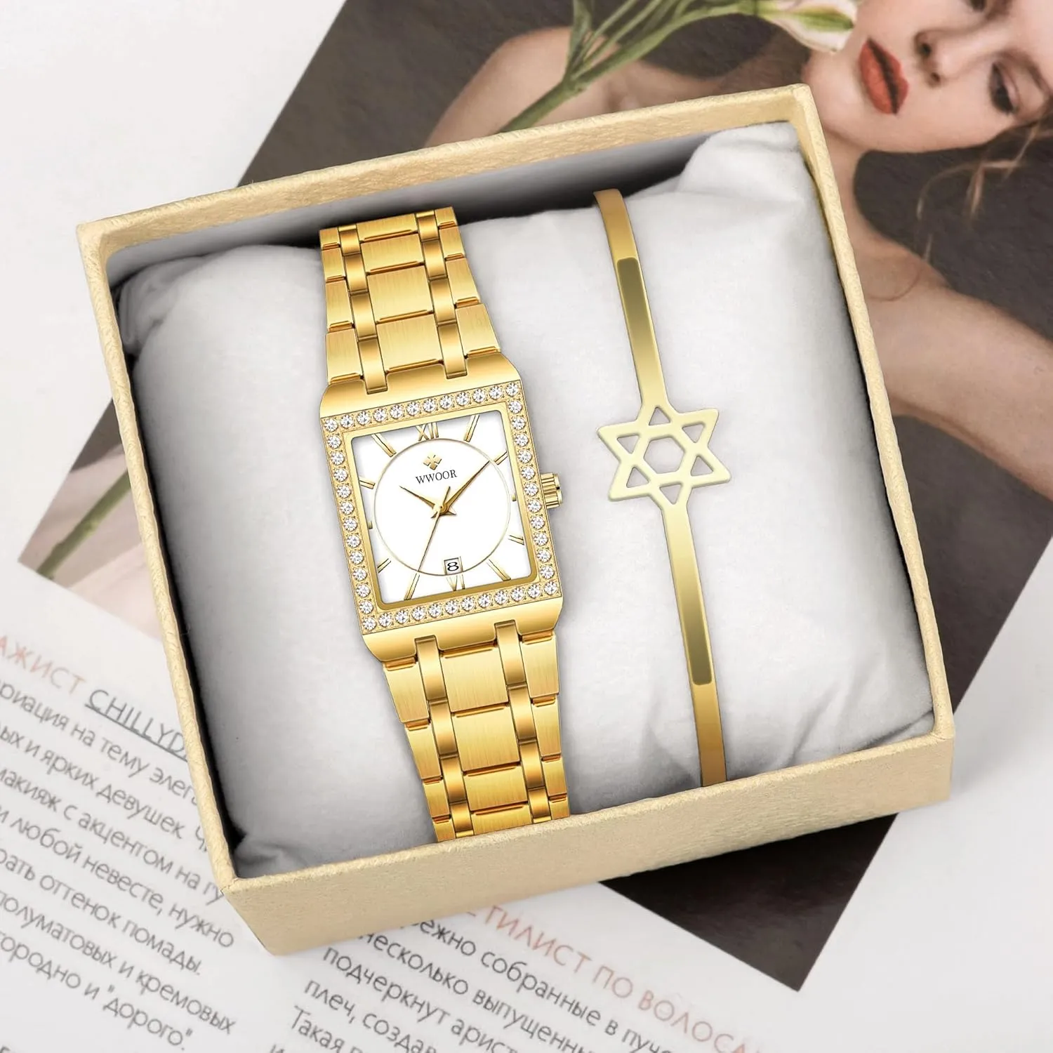 Dress dismiss Watch Gosasa Women's Bracelet Watch Diamond Bezel Stainless Steel Analog Watch Calendar Square Face Ladies 