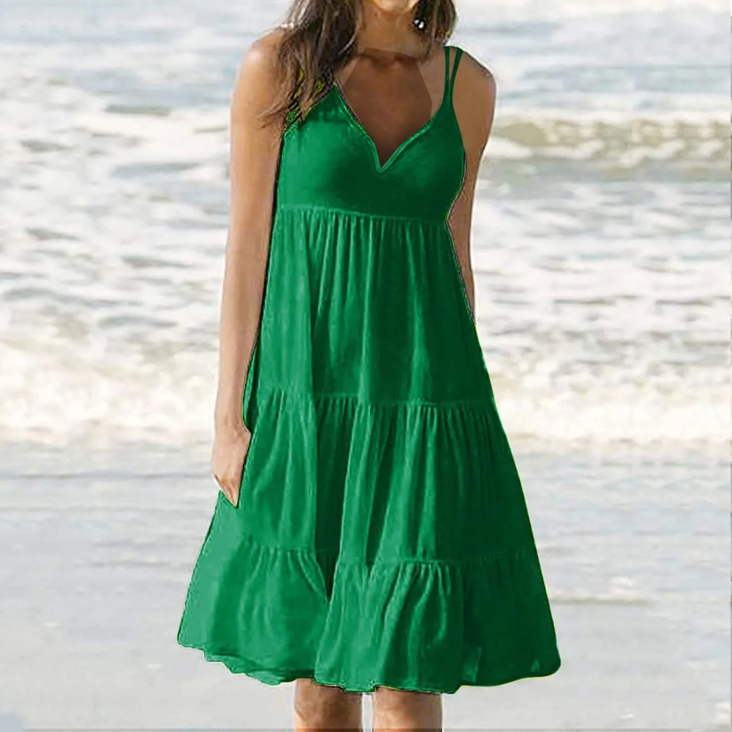 Dress Elegant Solid Color V Neck Spaghetti Straps Sundress Casual Party Slip HHmei 2023 Womens endure consort acidity apparatus autonomy autonomic Summer Vacation Beach 