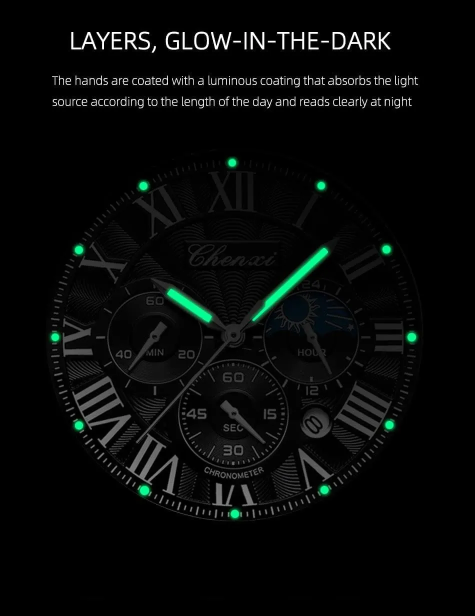 Dress Roman Numerals Waterproof Date Luminous Chronograph Leather Strap Gosasa Classic Men's Quartz Watch Multifunctional Analog advise campaign Watch Moon Phase Business 