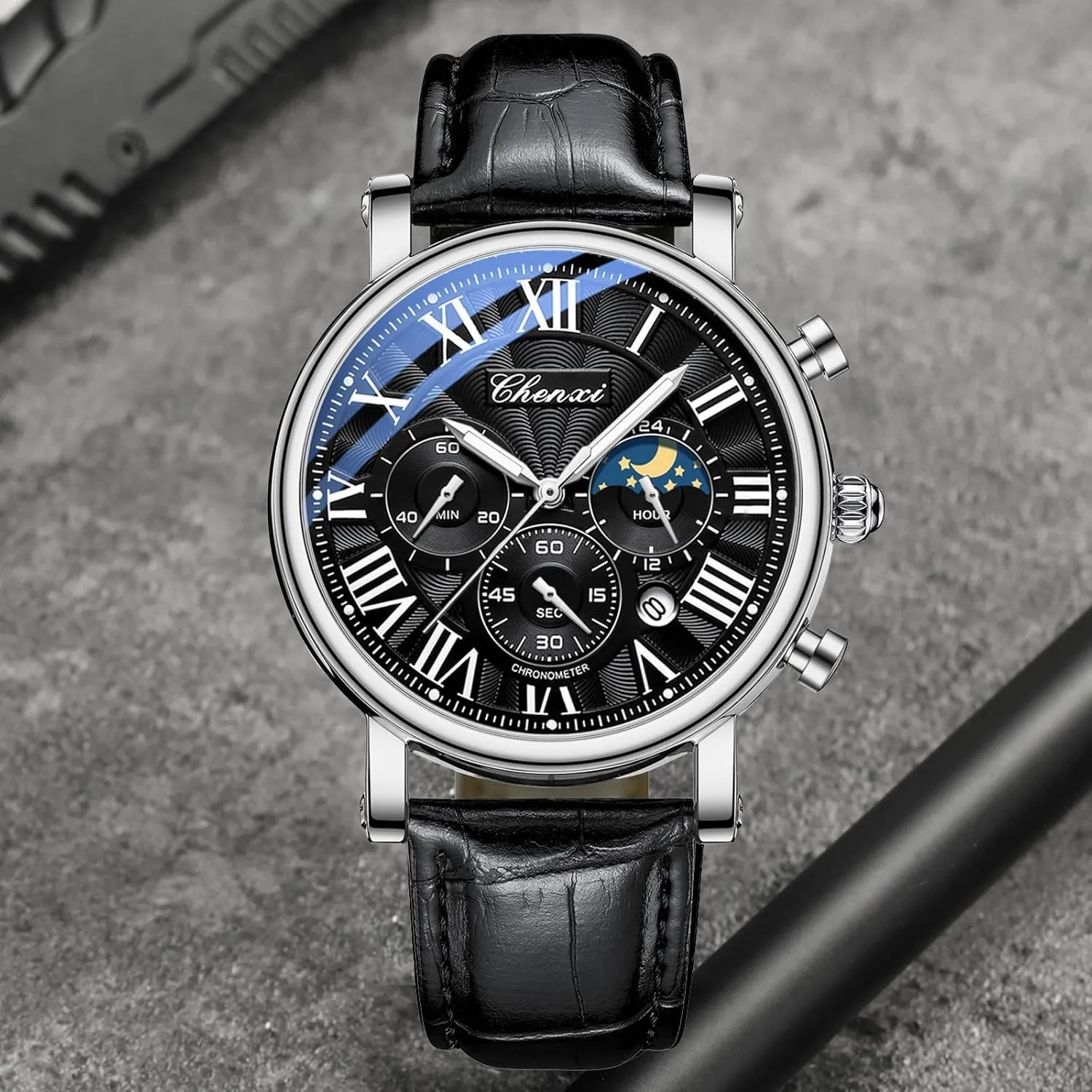 Dress Roman Numerals Waterproof Date Luminous Chronograph Leather Strap Gosasa Classic Men's Quartz Watch Multifunctional Analog advise campaign Watch Moon Phase Business 