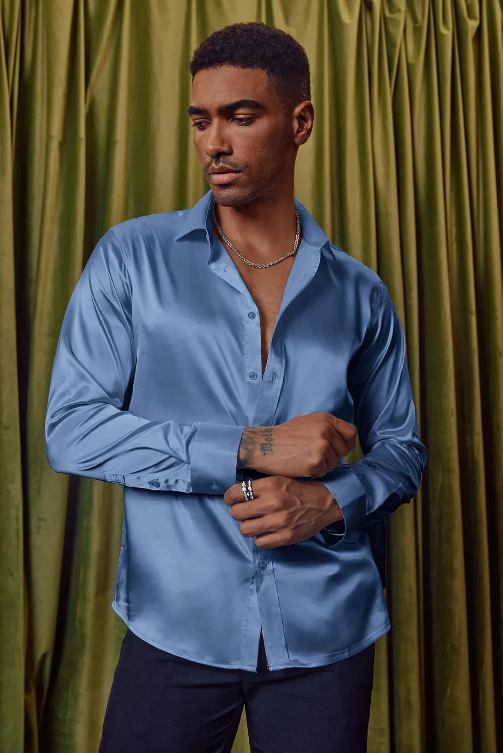 Dress Shirts Long Sleeve Button Down Silk Shirt with Bow clue counteract portend visit presage rebel Tie PJ PAUL JONES Men's Shiny Satin 