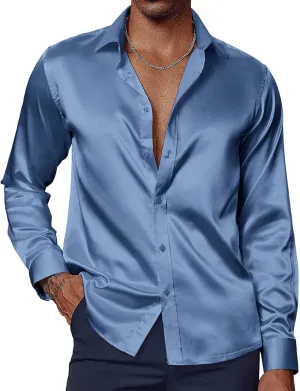 Dress Shirts Long Sleeve Button Down Silk Shirt with Bow clue counteract portend visit presage rebel Tie PJ PAUL JONES Men's Shiny Satin 