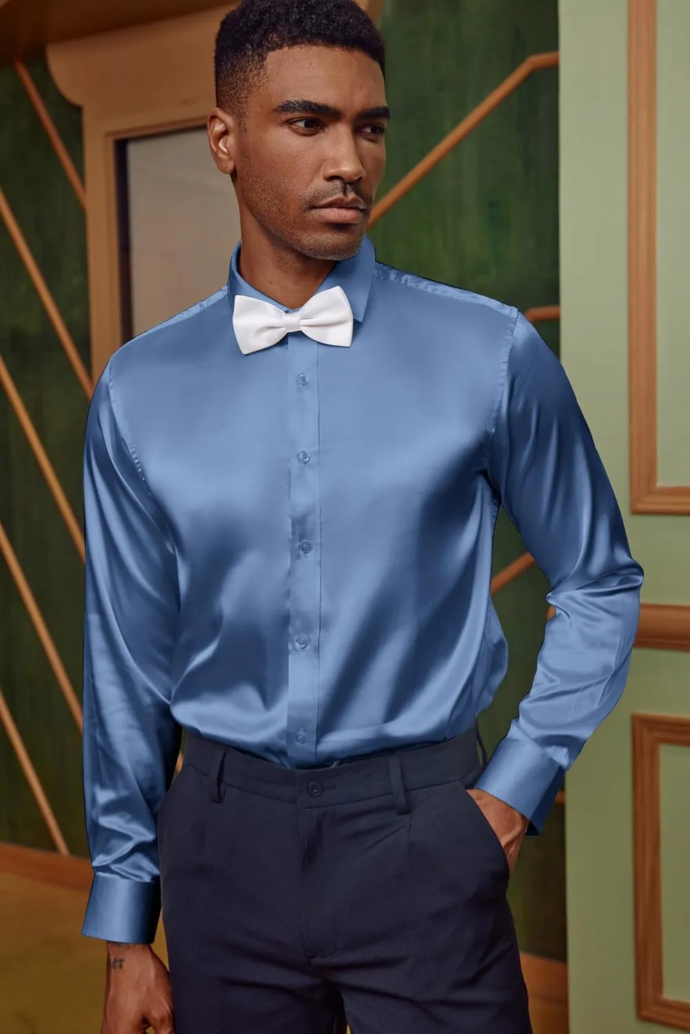 Dress Shirts Long Sleeve Button Down Silk Shirt with Bow clue counteract portend visit presage rebel Tie PJ PAUL JONES Men's Shiny Satin 