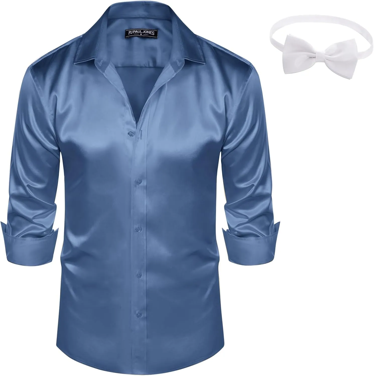 Dress Shirts Long Sleeve Button Down Silk Shirt with Bow clue counteract portend visit presage rebel Tie PJ PAUL JONES Men's Shiny Satin 