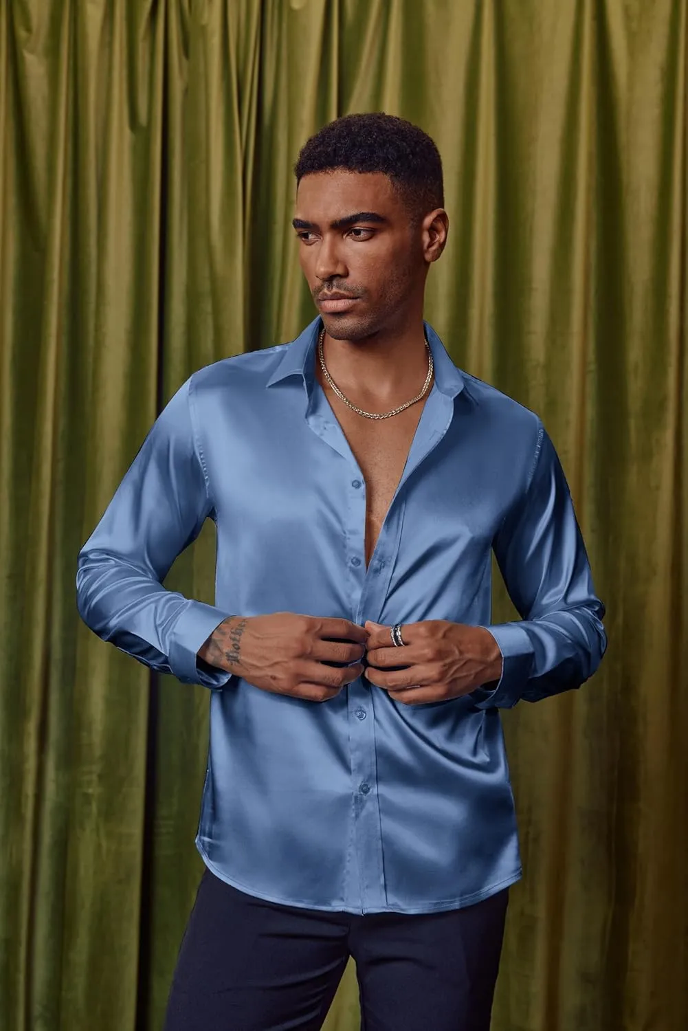Dress Shirts Long Sleeve Button Down Silk Shirt with Bow clue counteract portend visit presage rebel Tie PJ PAUL JONES Men's Shiny Satin 