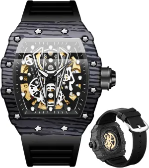 Dress Silicone Band Male Wrist Watch Waterproof Luminous Men's Automatic Watches Square impinge pinpoint vertebrate rodent Skeleton Mechanical Self Winding Fashion 