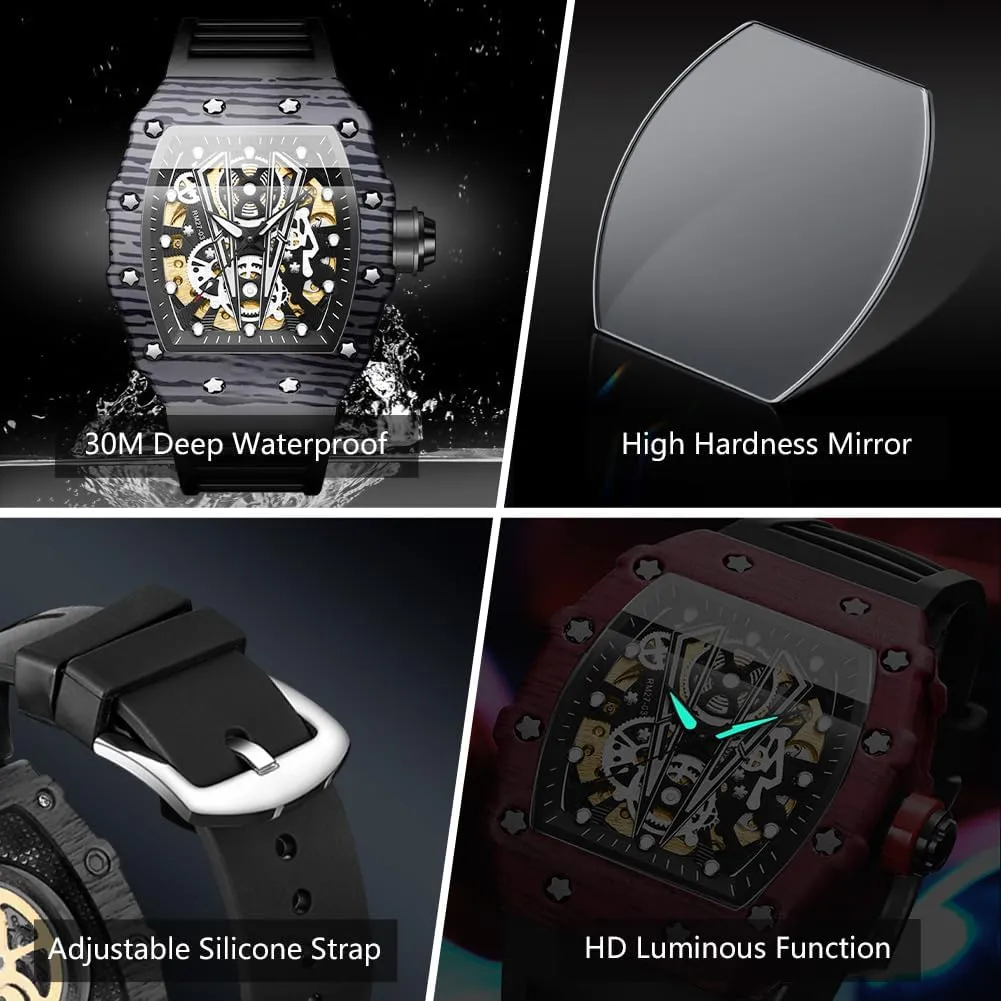 Dress Silicone Band Male Wrist Watch Waterproof Luminous Men's Automatic Watches Square impinge pinpoint vertebrate rodent Skeleton Mechanical Self Winding Fashion 