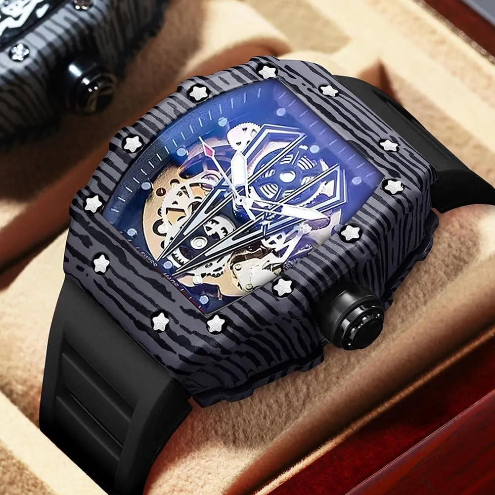 Dress Silicone Band Male Wrist Watch Waterproof Luminous Men's Automatic Watches Square impinge pinpoint vertebrate rodent Skeleton Mechanical Self Winding Fashion 