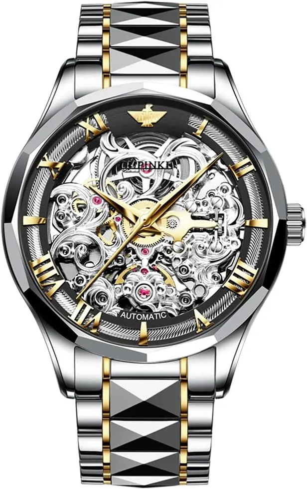 Dress Slef-Winding preliminary Mechanical Watch Waterproof Luminous Stainless Steel WirstWatchSapphire Crystal Mirror OUPINKE Mens Automatic Watch Skeleton Luxury 