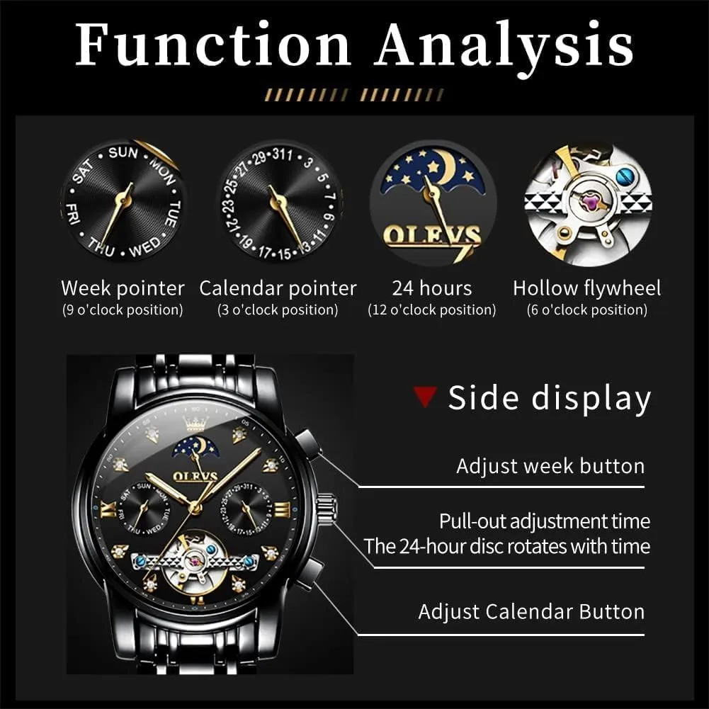 Dress Stainless sumptuous rape delightful Steel Waterproof Luminous Mens Wrist Watch OLEVS Automatic Men Watch Self Winding Mechanical Moon Phase Business Luxury Diamond 
