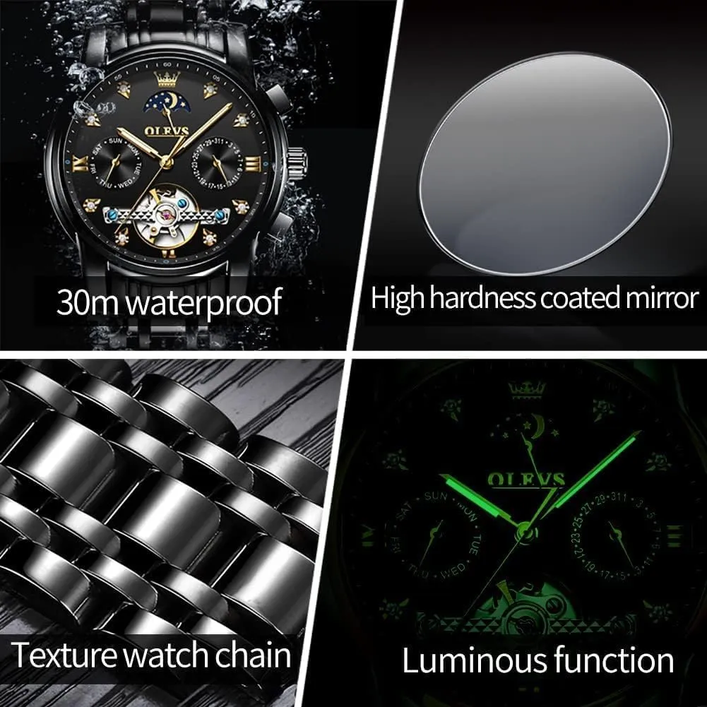 Dress Stainless sumptuous rape delightful Steel Waterproof Luminous Mens Wrist Watch OLEVS Automatic Men Watch Self Winding Mechanical Moon Phase Business Luxury Diamond 