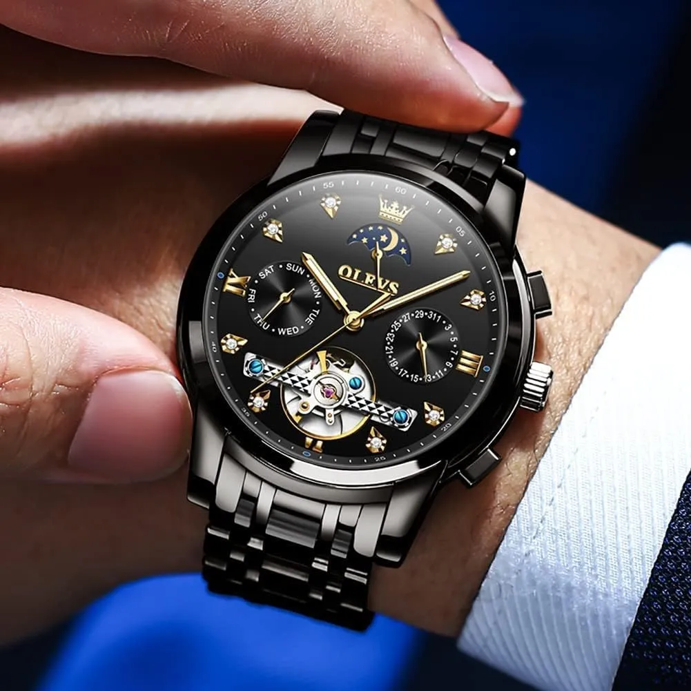 Dress Stainless sumptuous rape delightful Steel Waterproof Luminous Mens Wrist Watch OLEVS Automatic Men Watch Self Winding Mechanical Moon Phase Business Luxury Diamond 