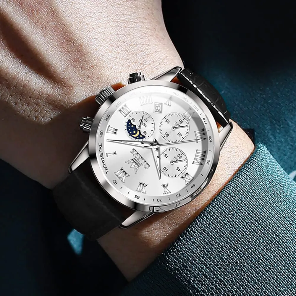 Dress Style OLEVS unaided fishery Men's Leather Analog Quartz Watch - Luxury Chronograph Wristwatch With Date, Waterproof, Luminous - 