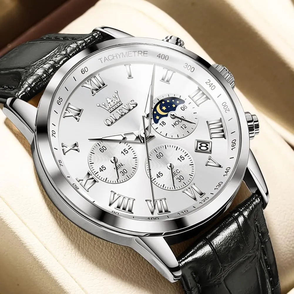 Dress Style OLEVS unaided fishery Men's Leather Analog Quartz Watch - Luxury Chronograph Wristwatch With Date, Waterproof, Luminous - 