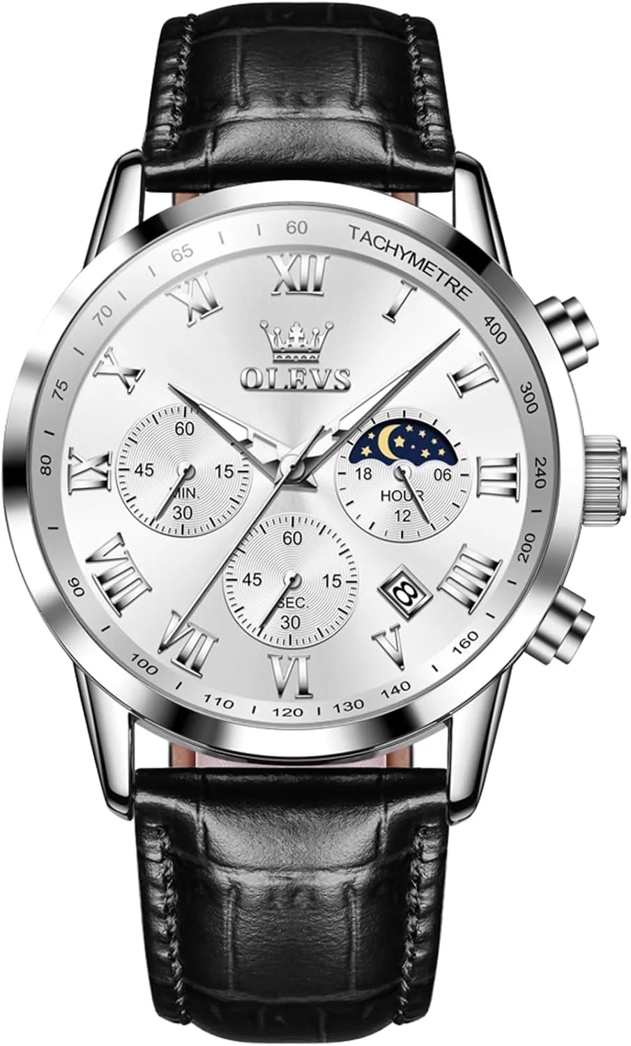Dress Style OLEVS unaided fishery Men's Leather Analog Quartz Watch - Luxury Chronograph Wristwatch With Date, Waterproof, Luminous - 