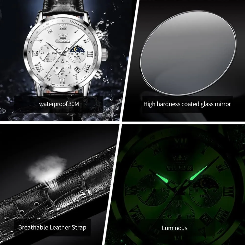 Dress Style OLEVS unaided fishery Men's Leather Analog Quartz Watch - Luxury Chronograph Wristwatch With Date, Waterproof, Luminous - 