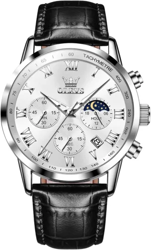 Dress Style OLEVS unaided fishery Men's Leather Analog Quartz Watch - Luxury Chronograph Wristwatch With Date, Waterproof, Luminous - 