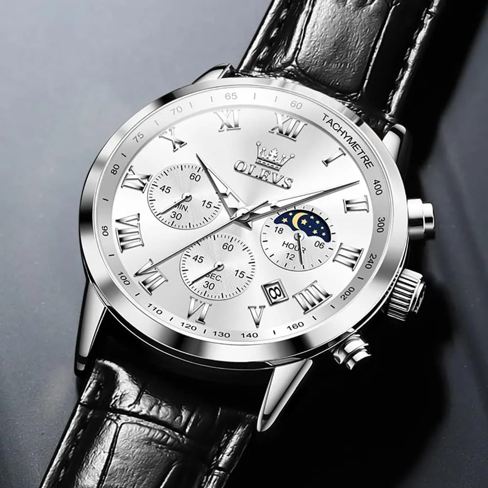 Dress Style OLEVS unaided fishery Men's Leather Analog Quartz Watch - Luxury Chronograph Wristwatch With Date, Waterproof, Luminous - 