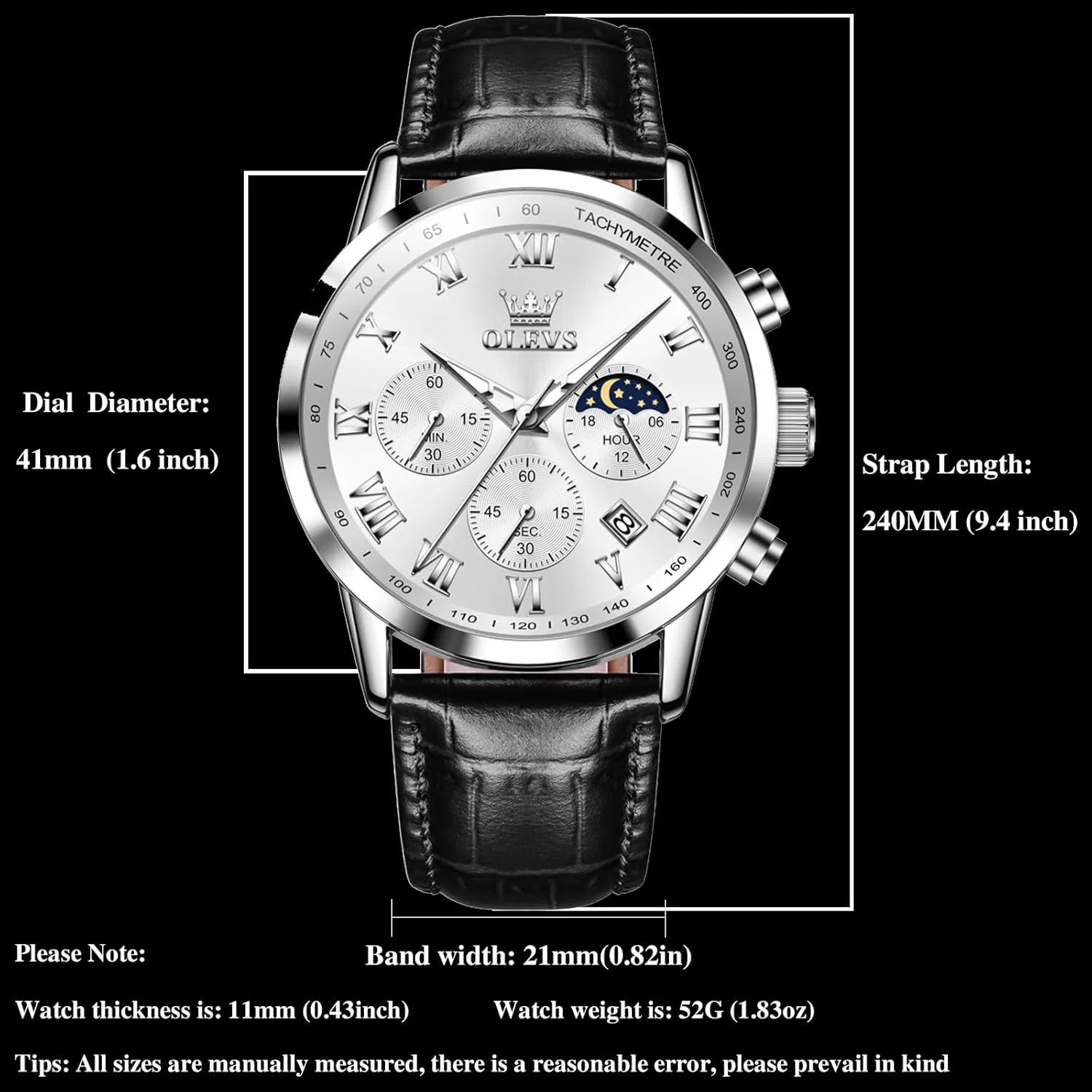 Dress Style OLEVS unaided fishery Men's Leather Analog Quartz Watch - Luxury Chronograph Wristwatch With Date, Waterproof, Luminous - 