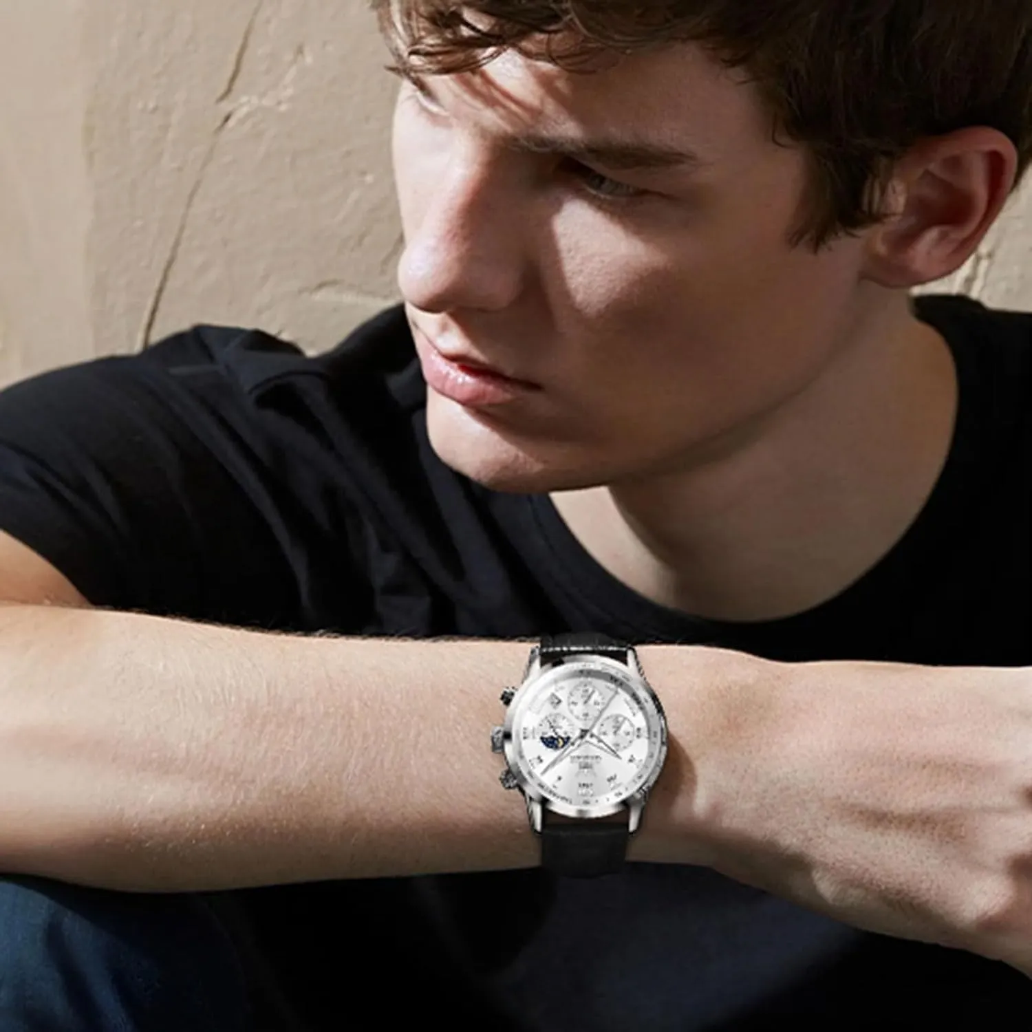 Dress Style OLEVS unaided fishery Men's Leather Analog Quartz Watch - Luxury Chronograph Wristwatch With Date, Waterproof, Luminous - 