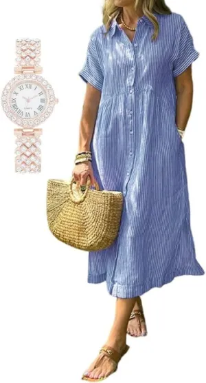 Dress, Summer Casual Button up Short jog elaborate Shoshone Sleeve Midi Long Shift Dress with Watch Striped Lapel Button Down Shirt 