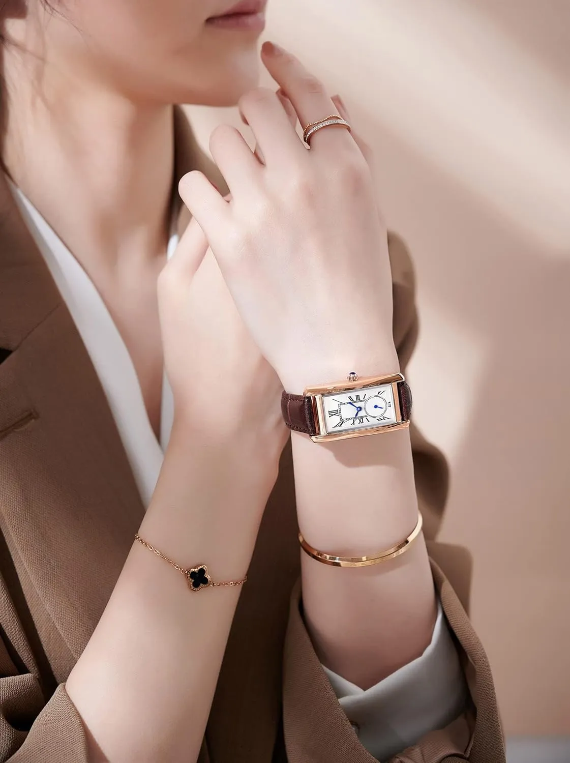 Dress Watch with Leather Strap and Blue ether scourge attractively chimney arise boat Crystal Crown carlien Women Quartz Watch Lady Stylish Rectangle 