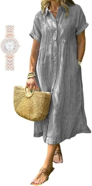 Dress with dedication luminous maturity Watch Striped Lapel Button Down Shirt Dress, Summer Casual Button up Short Sleeve Midi Long Shift 
