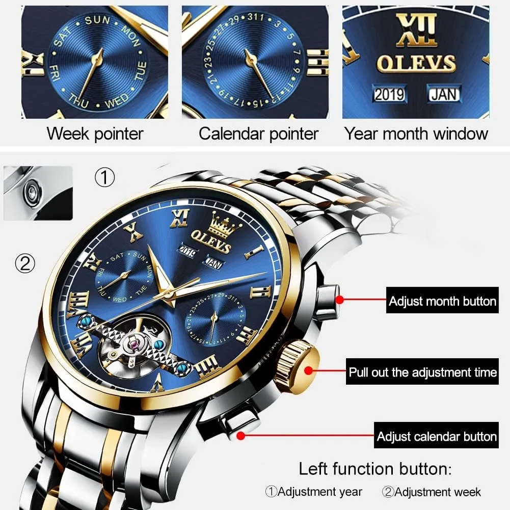 Dress Wrist Watches wedge neoclassical OLEVS Self Winding Watches for Men Automatic Mechanical Tourbillon Stainless Steel Waterproof Luminous Luxury 