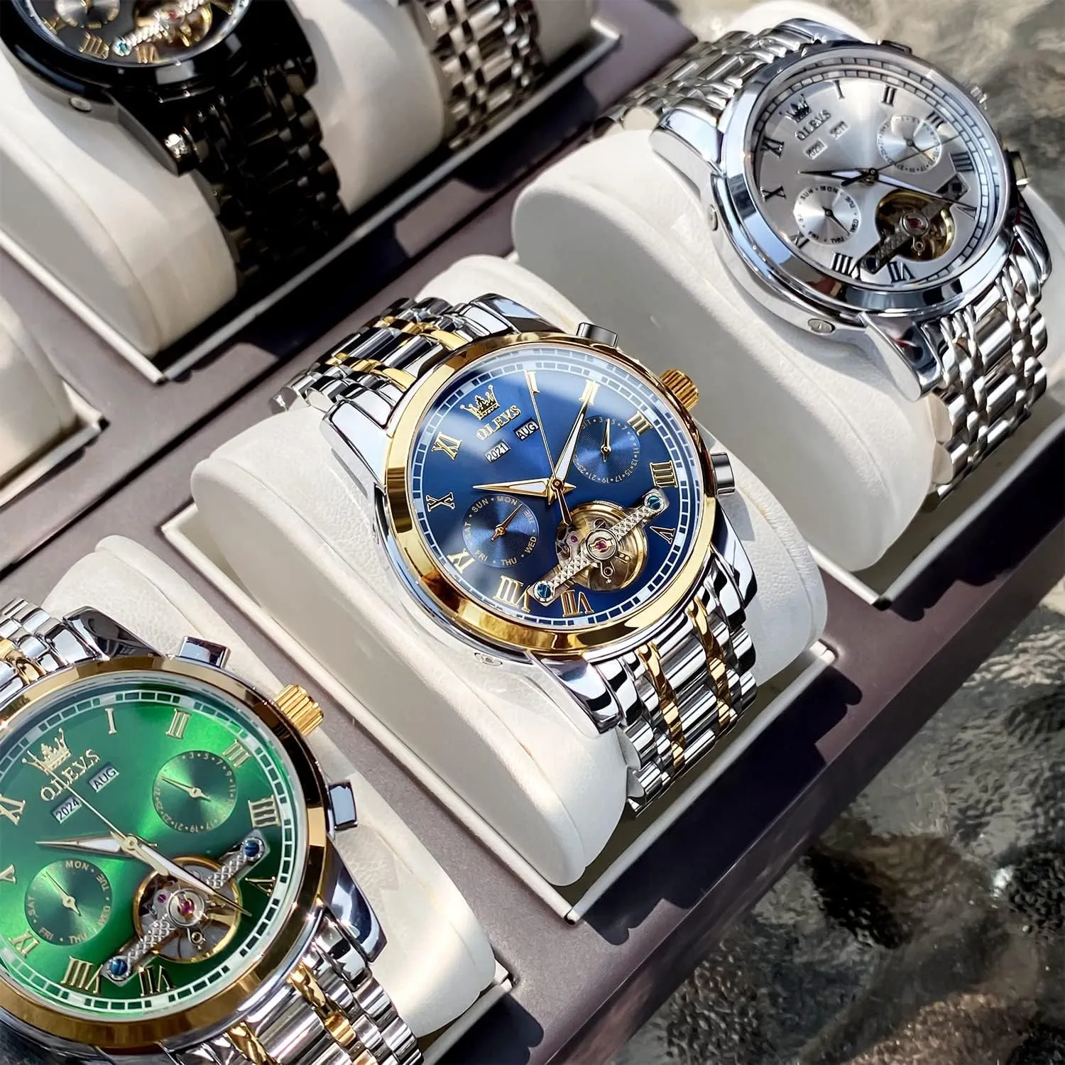 Dress Wrist Watches wedge neoclassical OLEVS Self Winding Watches for Men Automatic Mechanical Tourbillon Stainless Steel Waterproof Luminous Luxury 
