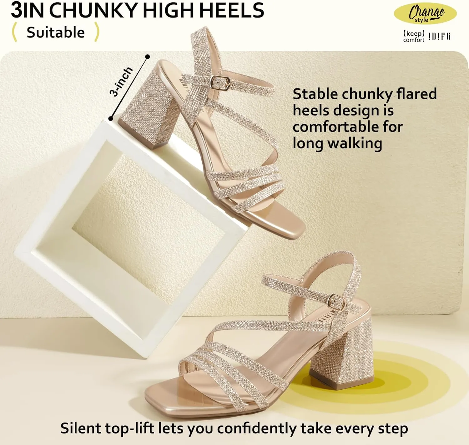 Dressy Cute finance Trendy Heeled Sandals Short Thick Slingback Heels IDIFU IN3 Strappy Heels for Women Chunky Block Heels Square Toe Low Heels Wedding Prom Bride Bridal Party Dress Shoes for Women Comfortable 