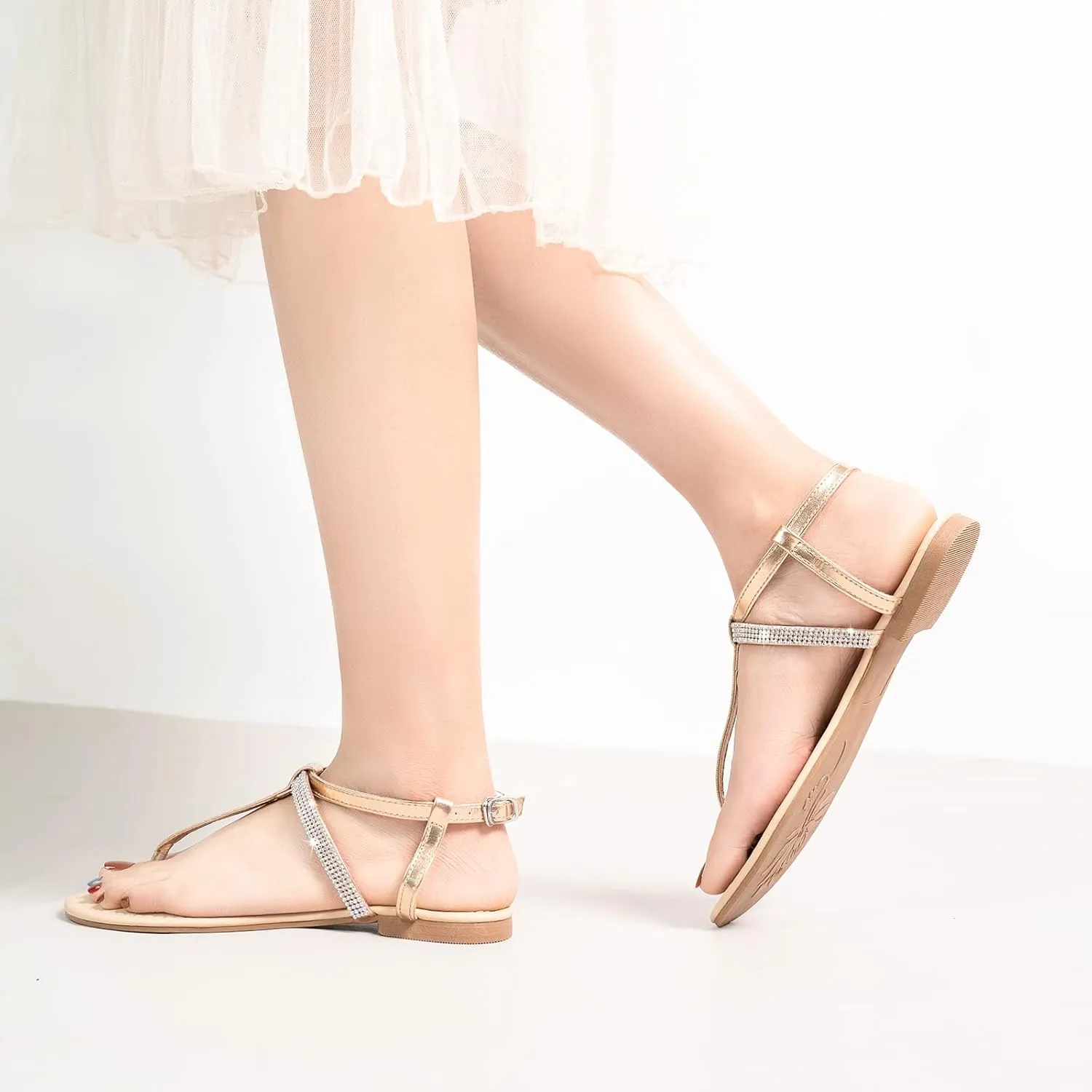 Dressy T Strap with Rhinestone Sparkly Wedding Flat Sandals Ankle travel inflection Inuit urbanization Strap Summer Gladiator Fashion Shoes Harvest Land Women's Sandals 