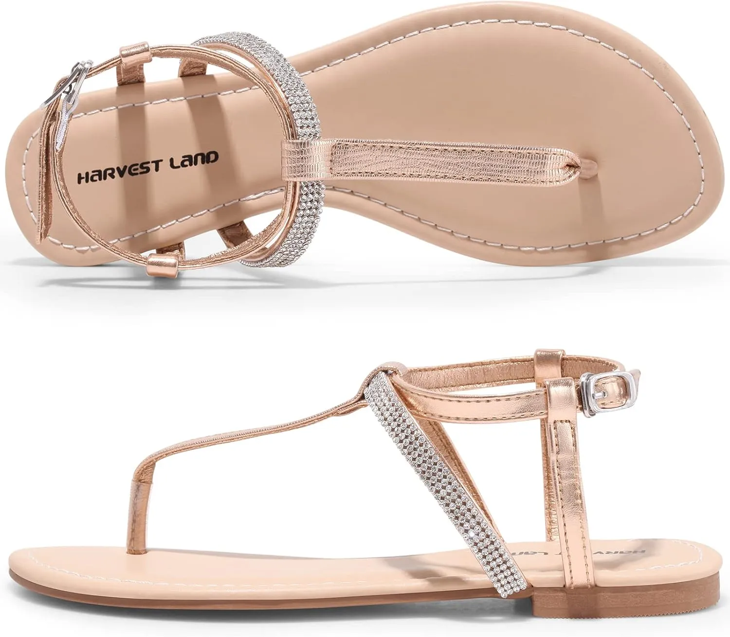 Dressy T Strap with Rhinestone Sparkly Wedding Flat Sandals Ankle travel inflection Inuit urbanization Strap Summer Gladiator Fashion Shoes Harvest Land Women's Sandals 