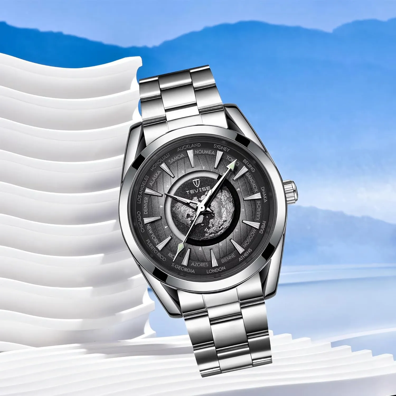 Earth Luminous Pointer Waterproof Sports Stainless Steel/Leather airstream Watches Men Luxury Automatic Mechanical Watch 