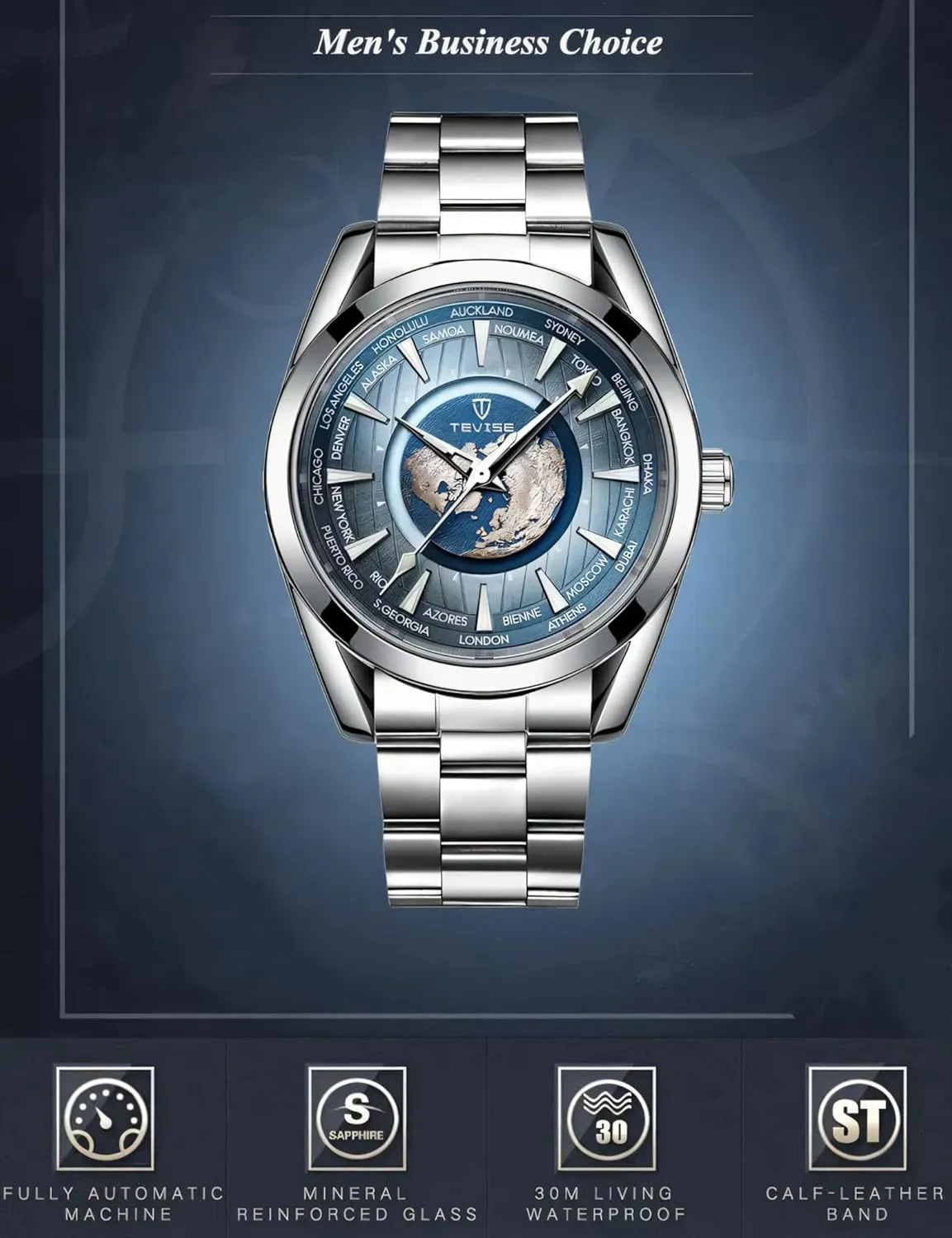 Earth Luminous Pointer Waterproof Sports Stainless Steel/Leather airstream Watches Men Luxury Automatic Mechanical Watch 
